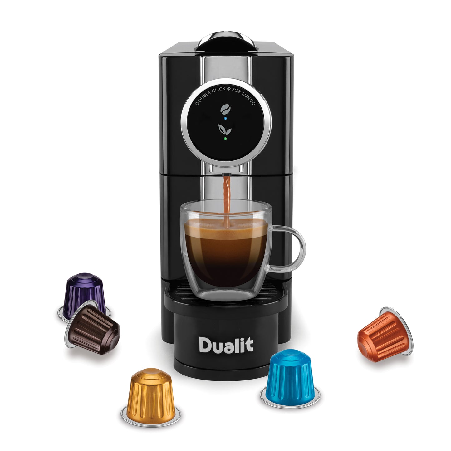 Dualit cafe plus dispensing coffee surrounded by pods