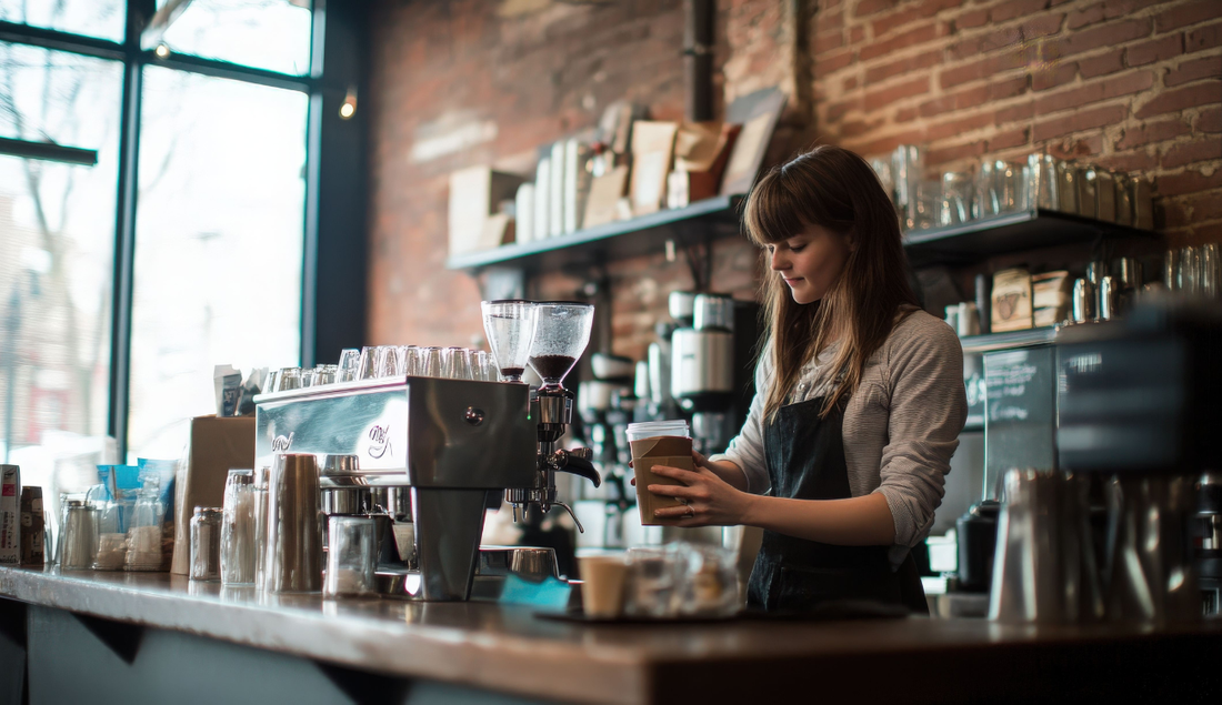 a barista making a coffee with a commercial coffee machine