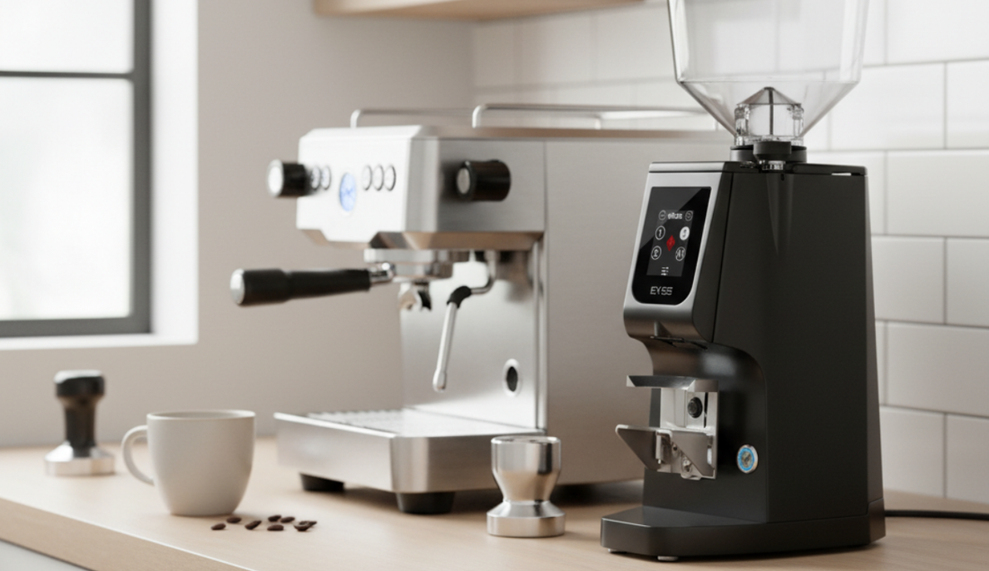 Coffee bean grinder pictured next to a coffee machine
