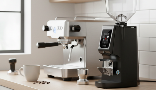 Coffee bean grinder pictured next to a coffee machine