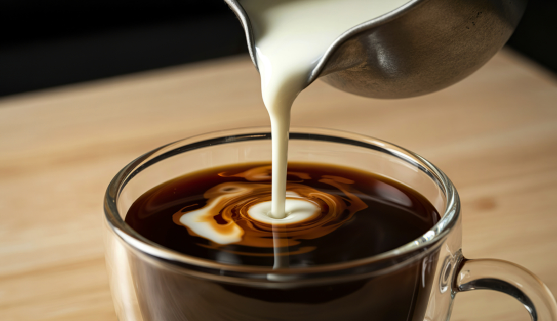 fresh milk being poured into a coffee