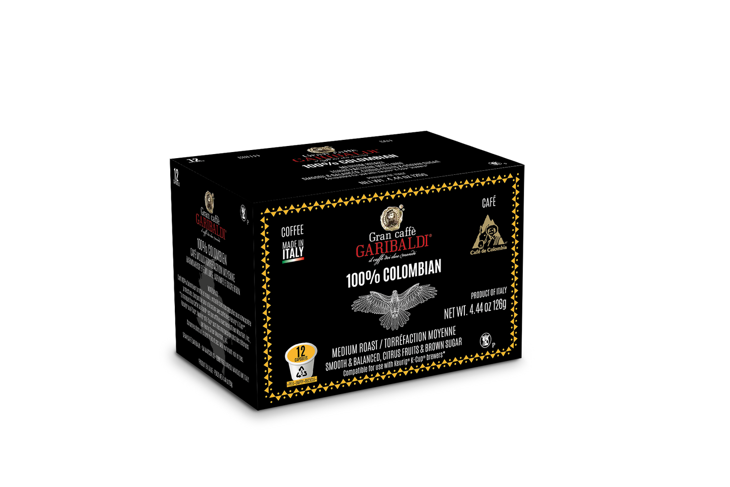 Caffè Garibaldi Coffee Pods, Compatible with Keurig, K-Cup. Colombian Roast Blend (12 Pods)