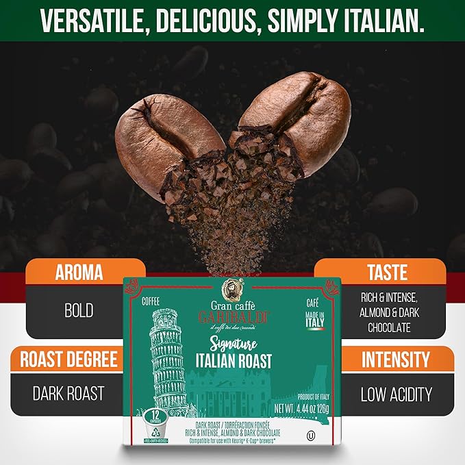 Caffè Garibaldi Coffee Pods, Compatible with Keurig, K-Cup. Italian Roast Blend (12 Pods)