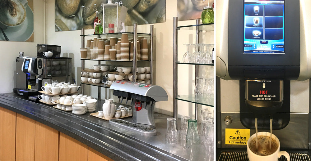 Garden centre cafe counter with a bean to cup machine and an espresso machine