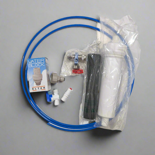 Water filter kit with blue hose, white filter, and accessories on a gray background