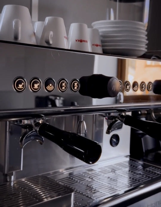 Traditional espresso machine group head and steam wand in the showroom